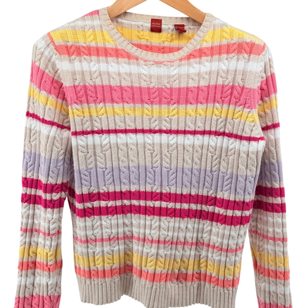 Valerie Stevens Womens Striped Cable Knit Cotton Sweater Multi Color Crewneck L
